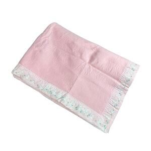 Vtg Pink Baby Blanket Satin White Teddy Bear Floral Trim 36.5" x 52"